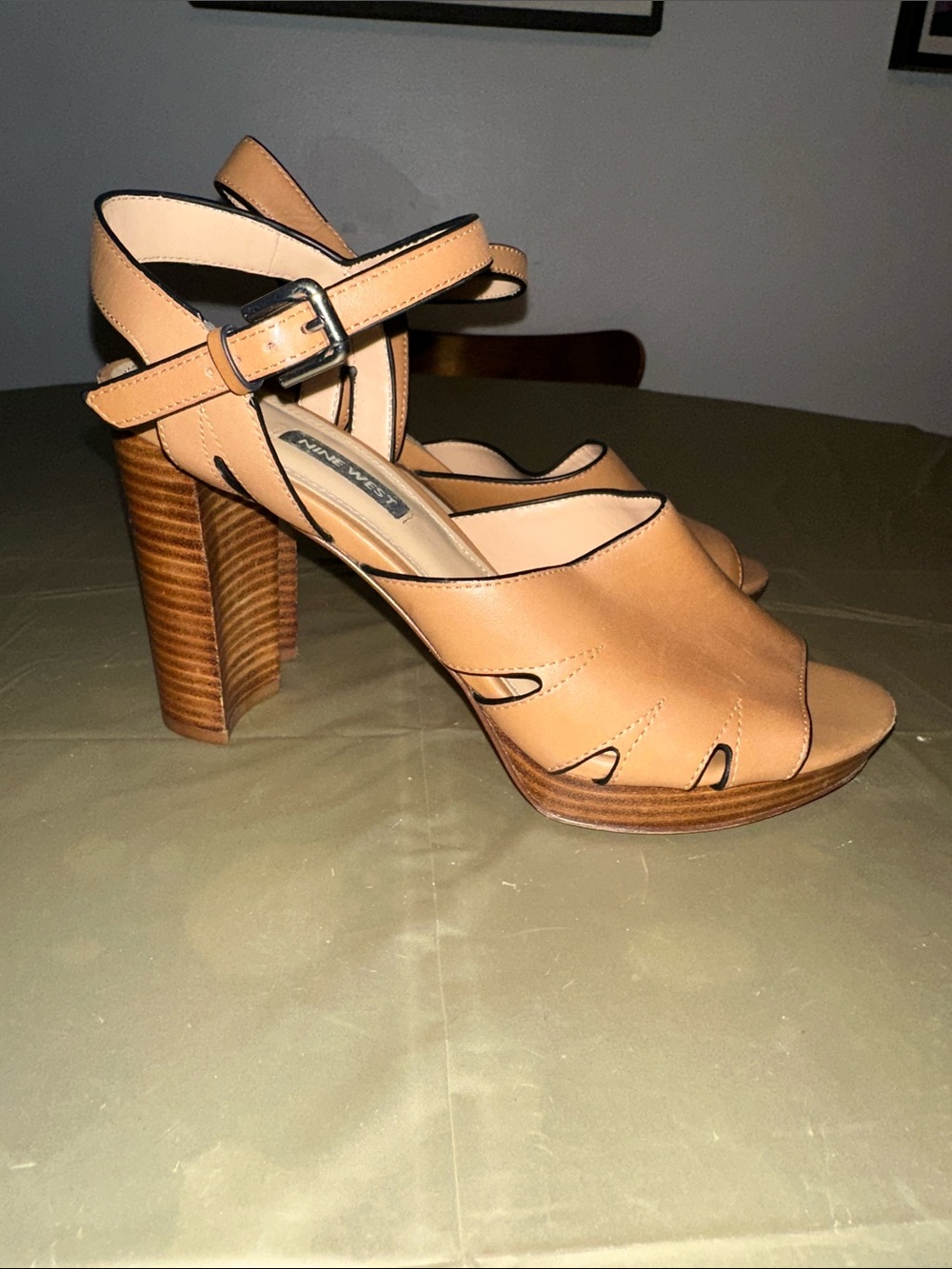 Nine West Tan Leather Platform Heeled Sandals